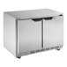 A stainless steel Beverage-Air undercounter refrigerator with two doors.