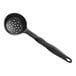 A black plastic Vollrath high heat perforated spoodle with a handle.