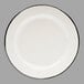 A white Tablecraft enamelware plate with a black rim.