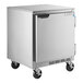 A stainless steel Beverage-Air undercounter refrigerator with wheels.