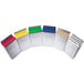 A group of metal knife racks with different colored lids.