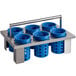 a metal rack with blue cups