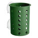 A Hunter green plastic flatware cylinder with holes.