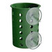 A Hunter Green Steril-Sil plastic flatware cylinder with holes and a lid.