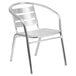 A silver aluminum Flash Furniture restaurant chair.