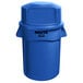 A blue Rubbermaid BRUTE 44 gallon trash can with dome top lid.