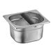 A silver container with a black handle.