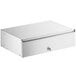A stainless steel metal box with a drawer and a handle.
