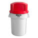 A white Rubbermaid BRUTE trash can with a red dome top lid.