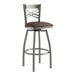 A Lancaster Table & Seating metal bar stool with a dark brown cushion.