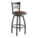 A Lancaster Table & Seating black cross back swivel bar stool with dark brown vinyl padded seat.