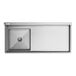 A Regency stainless steel undercounter dishtable with a right drainboard.