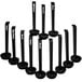 A black rectangular object with a white background. A set of six black plastic Cambro ladles.