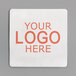 A white square coaster with red customizable text that says "Your Logo Here"