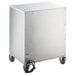 A stainless steel ServIt triple drawer warmer on wheels.