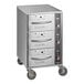 A stainless steel mobile triple narrow freestanding drawer warmer with three drawers and control knobs on the side.
