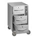 A stainless steel mobile triple narrow freestanding drawer warmer with three pull-out drawers and caster wheels.