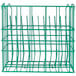 A green Microwire rack with many compartments for plates.