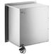 A silver stainless steel ServIt triple drawer warmer box with a black power cord attached.
