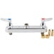 A T&S chrome faucet base with two brass nuts and two brass handles.