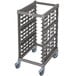 A grey plastic rack with wheels.