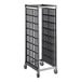 A black metal Cambro sheet pan rack with metal casters.