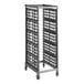 A Cambro metal sheet pan rack with metal casters.