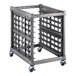 A grey plastic Cambro sheet pan rack with metal casters.