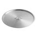A large round aluminum pot or pan cover with a flat handle in the center.