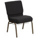 A black church chair with a gold metal frame and book rack.