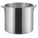 A large silver aluminum stock pot with handles.