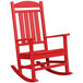 A POLYWOOD sunset red Presidential rocking chair with a wooden seat.