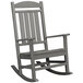 A POLYWOOD slate grey rocking chair with armrests.