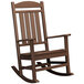 A brown POLYWOOD Presidential rocking chair with armrests.