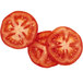 A close-up of two tomato slices on a white background.