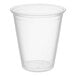 A clear 12 oz. plastic squat cold cup.