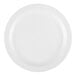 A close up of a Cambro white polycarbonate plate with a narrow rim.