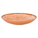 A close up of a RAK Porcelain Cedar Orange Woodart deep coupe plate with a brown and white design.