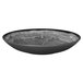 A white porcelain deep coupe plate with a beech grey rim.
