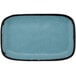 A rectangular matte speckled grayish blue melamine platter with a black border.