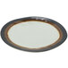 A white melamine dinner plate with a brown rim.