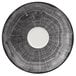 A circular beech grey porcelain saucer with a circular design and a hole in the center.