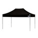 A black E-Z Up canopy with a steel gray frame on a white background.