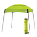 A lime green E-Z Up Dome canopy with a steel gray frame in a roller bag.