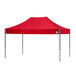 A red tent with black poles.