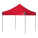 A red E-Z Up canopy with steel gray poles and a logo on the top.