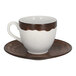 A porcelain coffee cup saucer with an oak brown wood-like design.