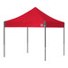 A red E-Z Up canopy with black poles and a white logo.