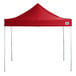 A red Backyard Pro Courtyard canopy tent with poles.