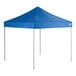A blue 10-foot by 10-foot straight leg pop-up canopy tent with a steel frame.